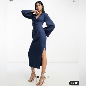 ASOS DESIGN flute midi dress dark blue. US Size 4, small.